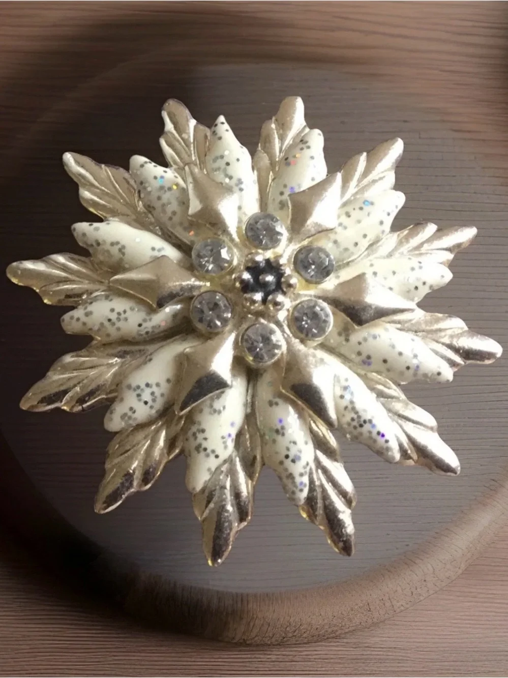 Vintage Silver and White Snowflake Brooch with Crystal Centers
